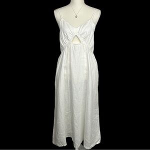 The Drop Smocked Linen Midi Dress Cut Out V Neck White NWT Beachy Coastal Resort